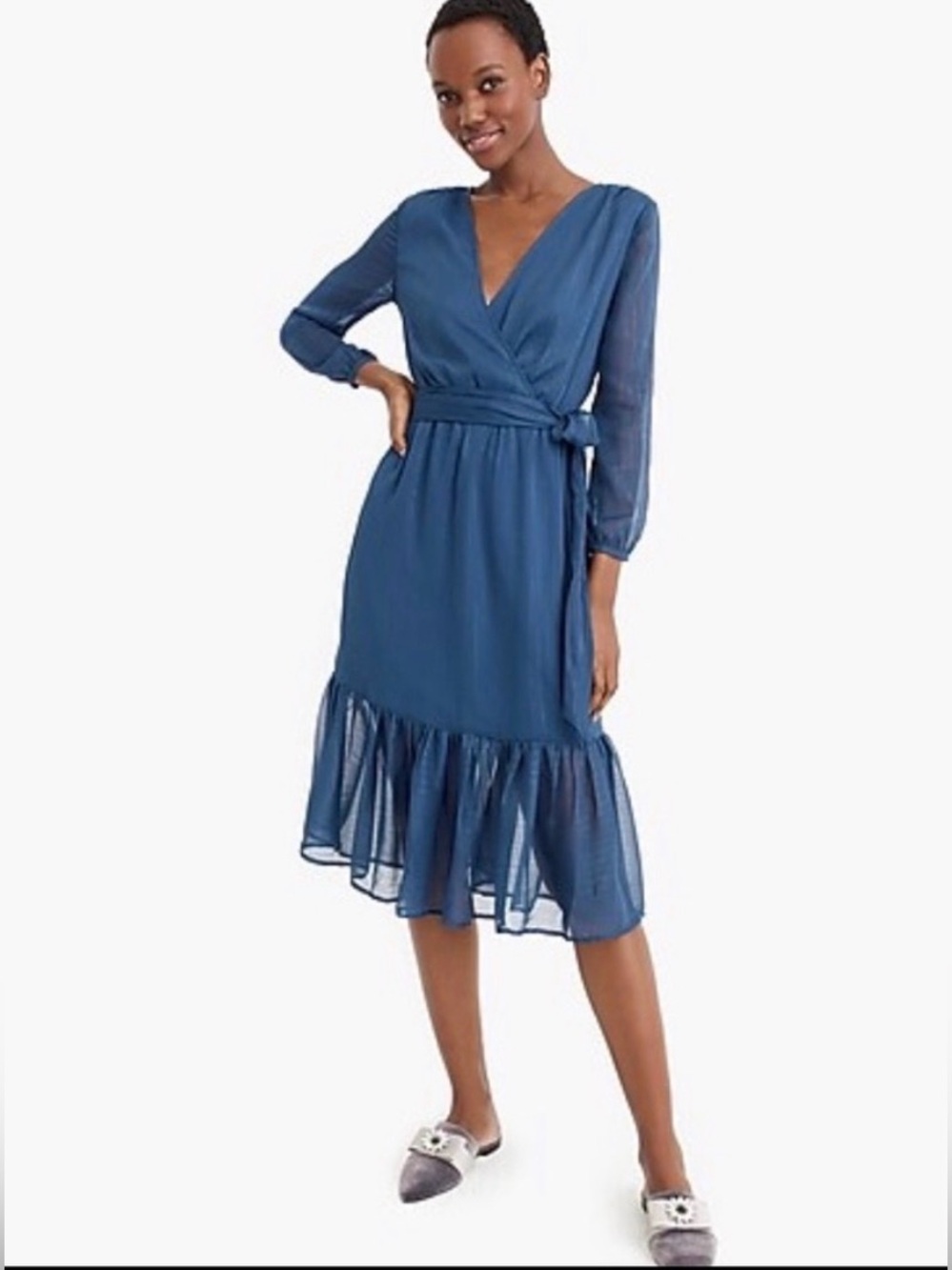 NWT J. Crew Blue Chiffon Faux Wrap Midi Dress w Ruffle Hem & Sheer Long Sleeve
